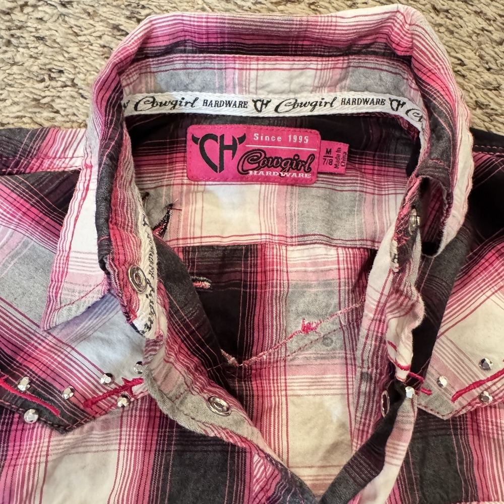 Cowgirl Hardware Girls M 7/8 Western Snap Shirt Pink Plaid Horse‎ Rhinestone - Picture 9 of 13